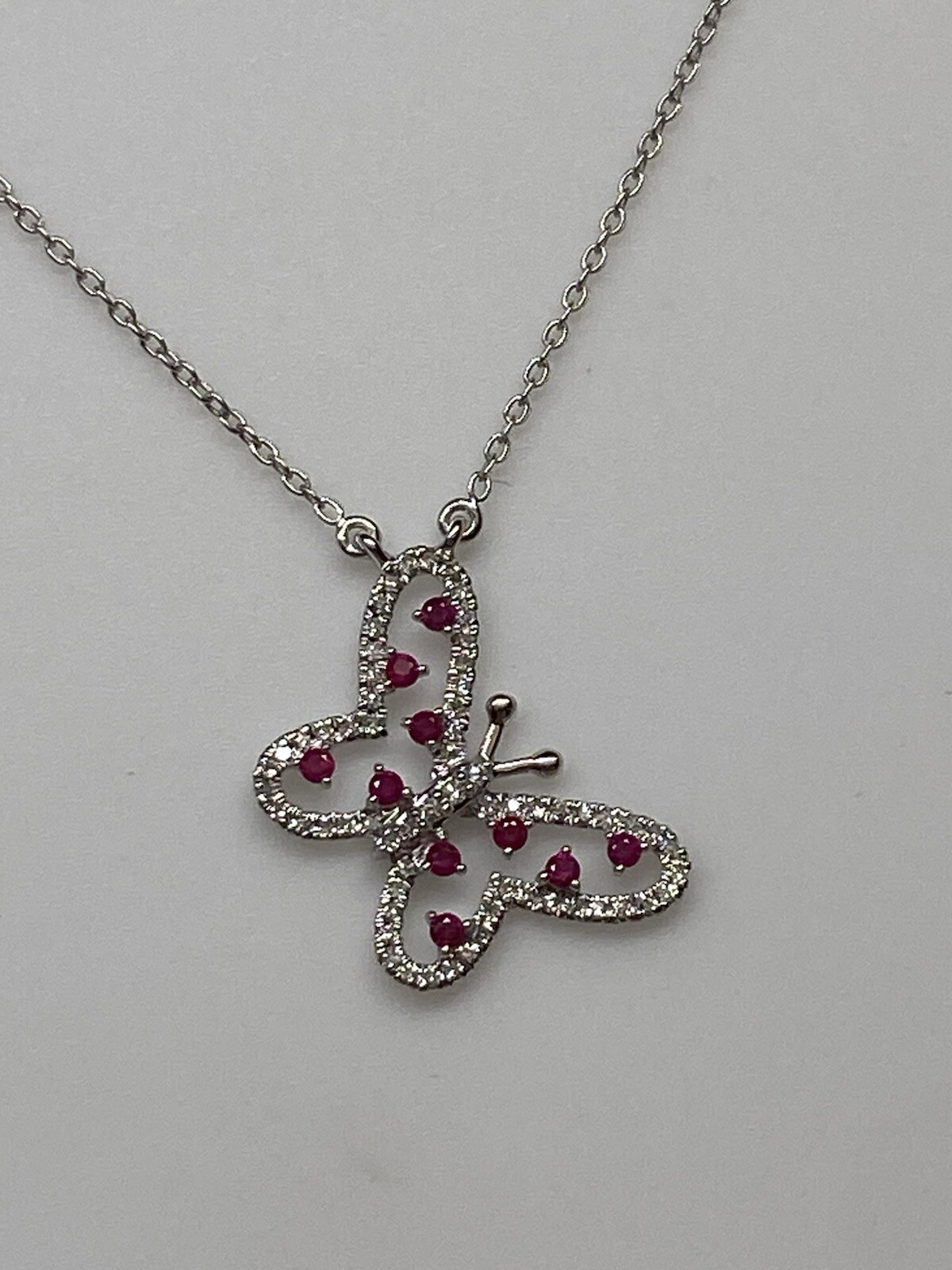 10K White Gold Natural Ruby and 0.20ct Diamond Butterfly Pendant and Chain NEW