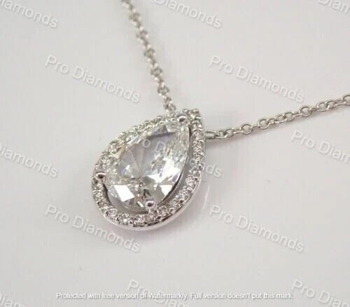 2Ct Lab Created Diamond Pear Teardrop Halo Pendant 14K White Gold Plated Chain