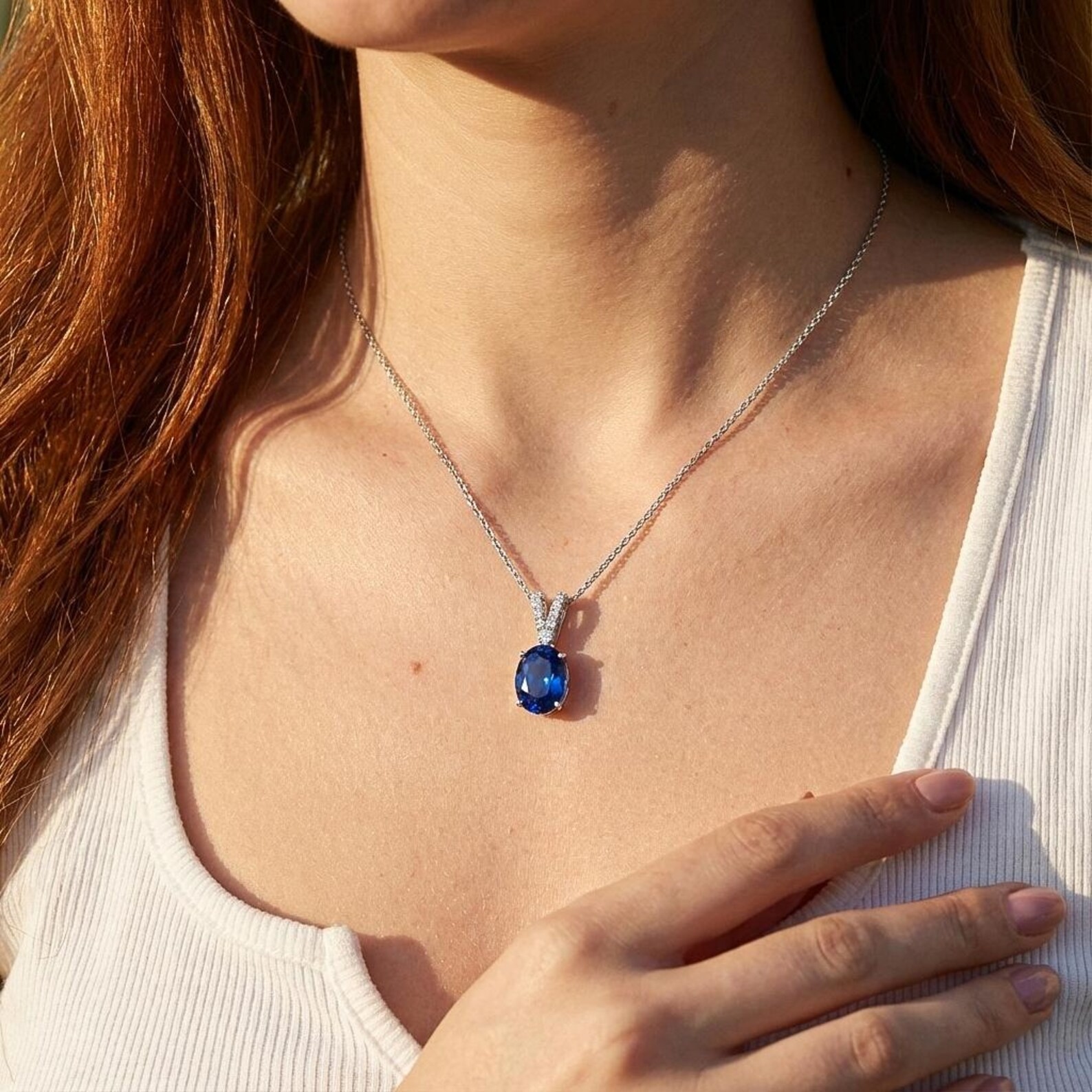 3.20 Ct Oval Cut Natural Sapphire Diamond Gorgeous Pendant 14K White Gold