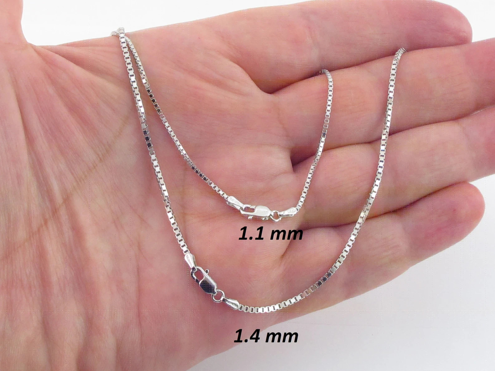 14k Solid White Gold Box Chain: ( 16″- 30″ ) (0.5 – 1.4 MM ) – Not Hollow