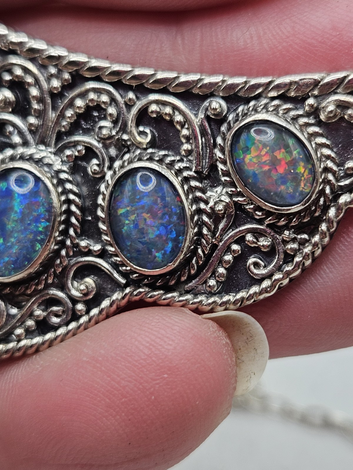 Sterling Silver Bib Style Necklace With 5 Oval Bezel Set Opals. 20″ Marked. 925.