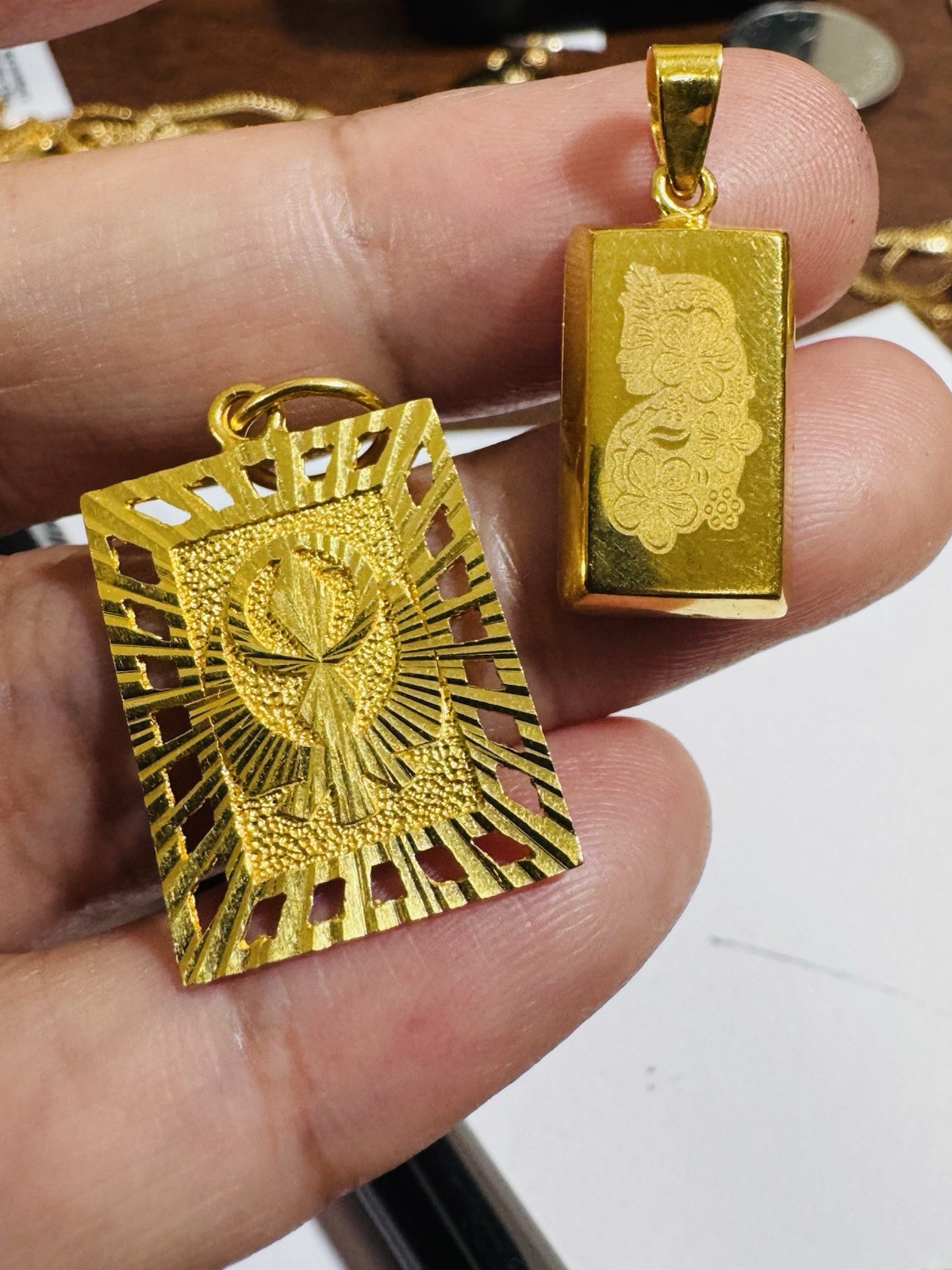 Gold 22K Solid 916 Real Gold Two Set (2) Bar/ Sikh Allah Devine Pendant 5.2g