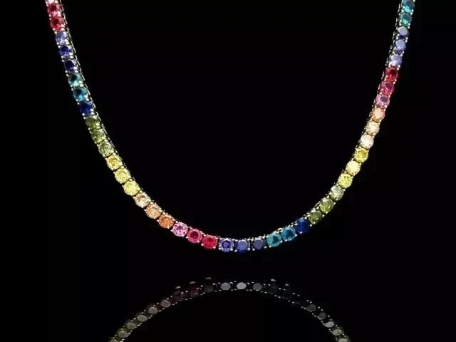 18CT Round Cut Lab Created Rainbow Sapphire 18″ Tennis Necklace 14k Gold Finish