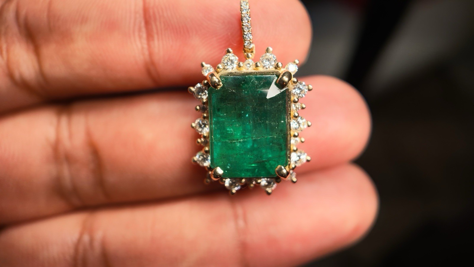 IGI Certified 10.17 Ct Natural Zambian Emerald 14K Gold Diamond Pendant