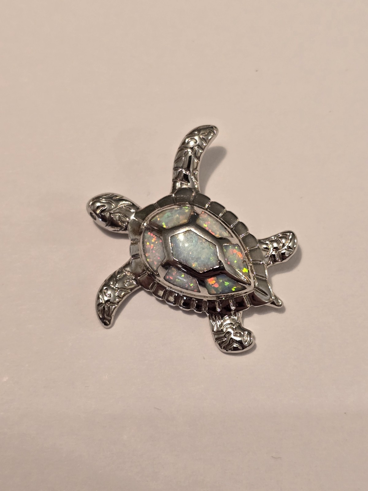 White Opal Sterling Silver Sea Turtle Pendant 925 Textured