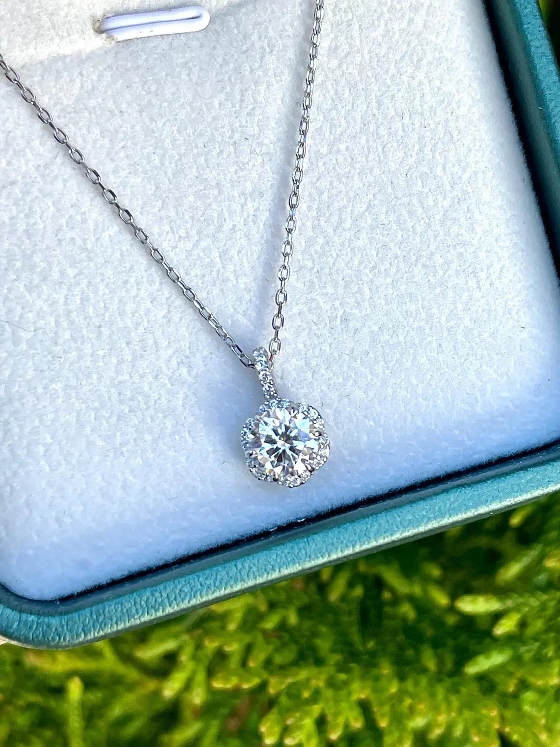 1.5 CT Round Cut Halo Moissanite Wedding Pendant 14K White Gold Plated For Women