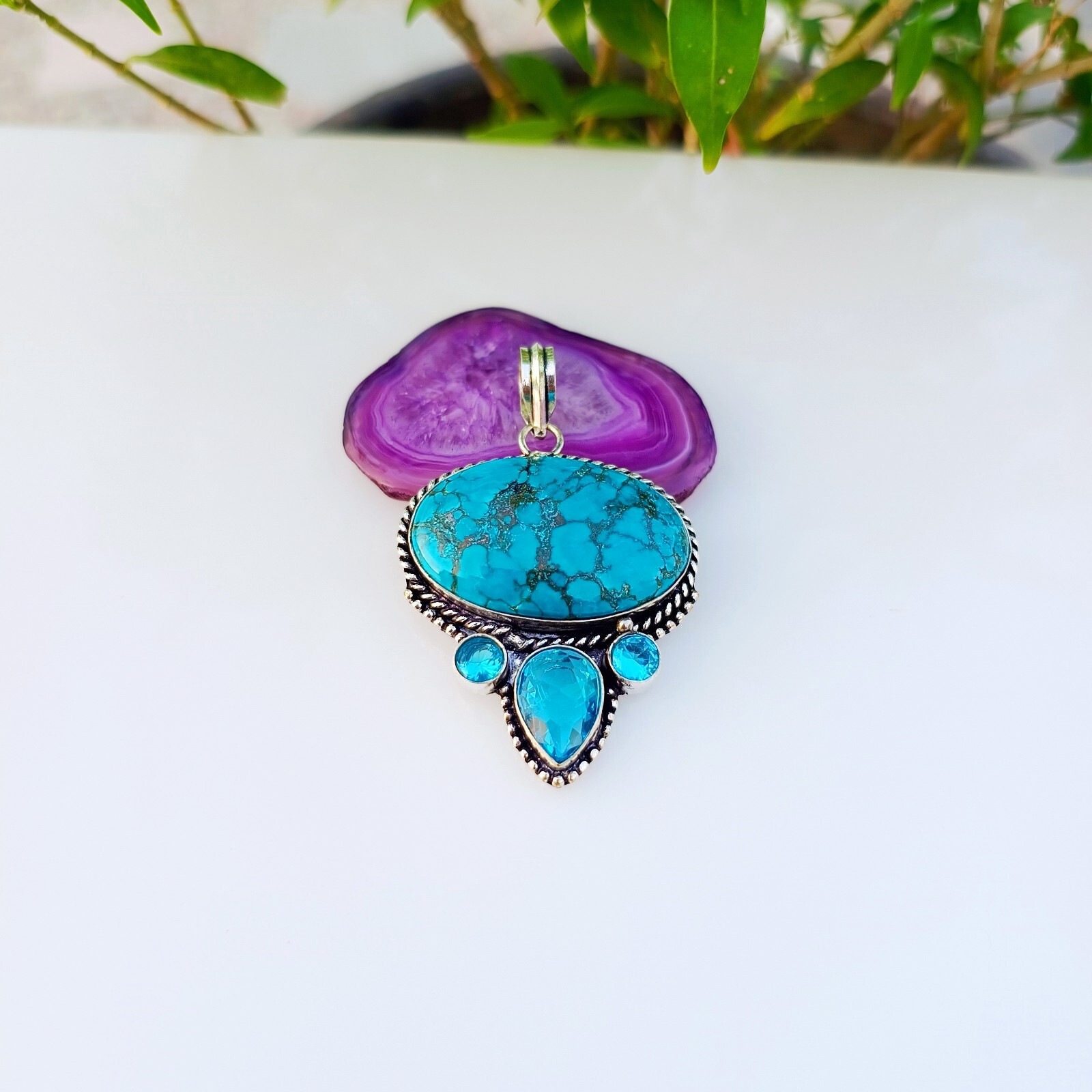 Turquoise With Blue Topaz Gemstone Pendant 925 Sterling Silver Handmade Jewelry