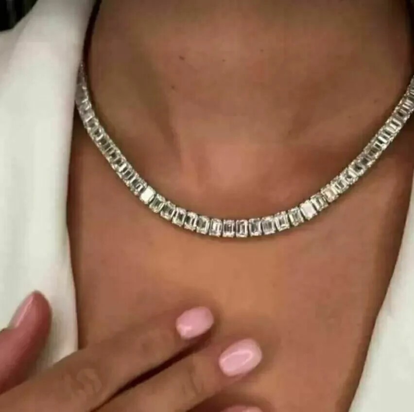 22Ct Emerald Cut Lab Created Diamond Tennis Women Necklace 14k White Gold Finish