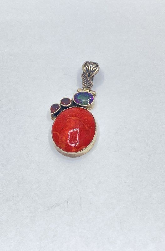 Sterling Silver 925 Red Oval Cabochon Mystic Topaz Multi-Stone Pendant 2″