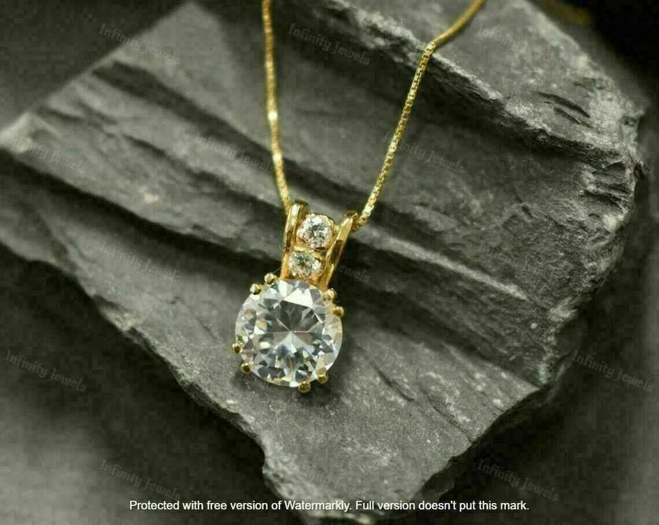 2Ct Round Cut VVS1/D Diamond Solitaire Pendant 14K Yellow Gold Finish Free Chain