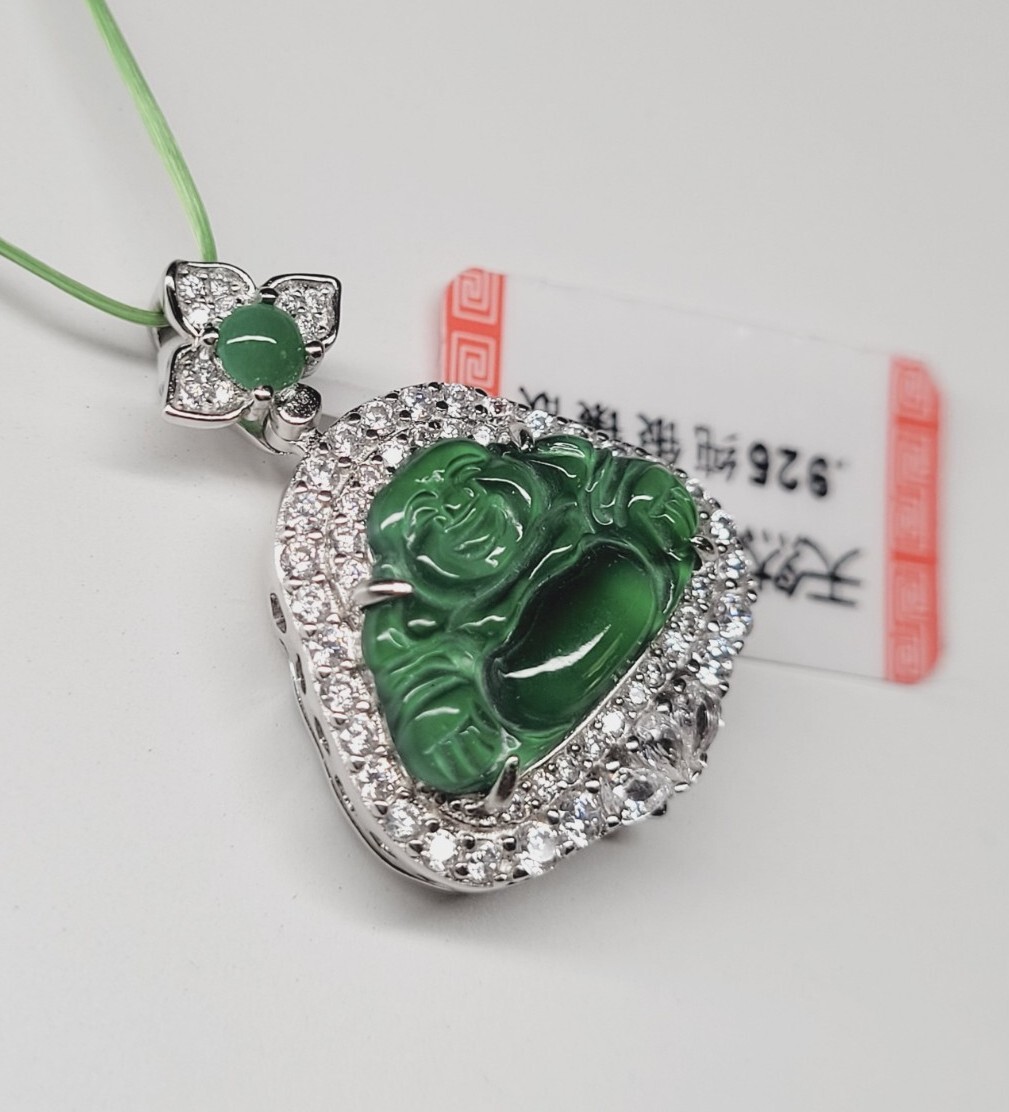Certified Green Jade Buddha silver pendant inlaid Icy light green Buddha 满绿翡翠开心佛