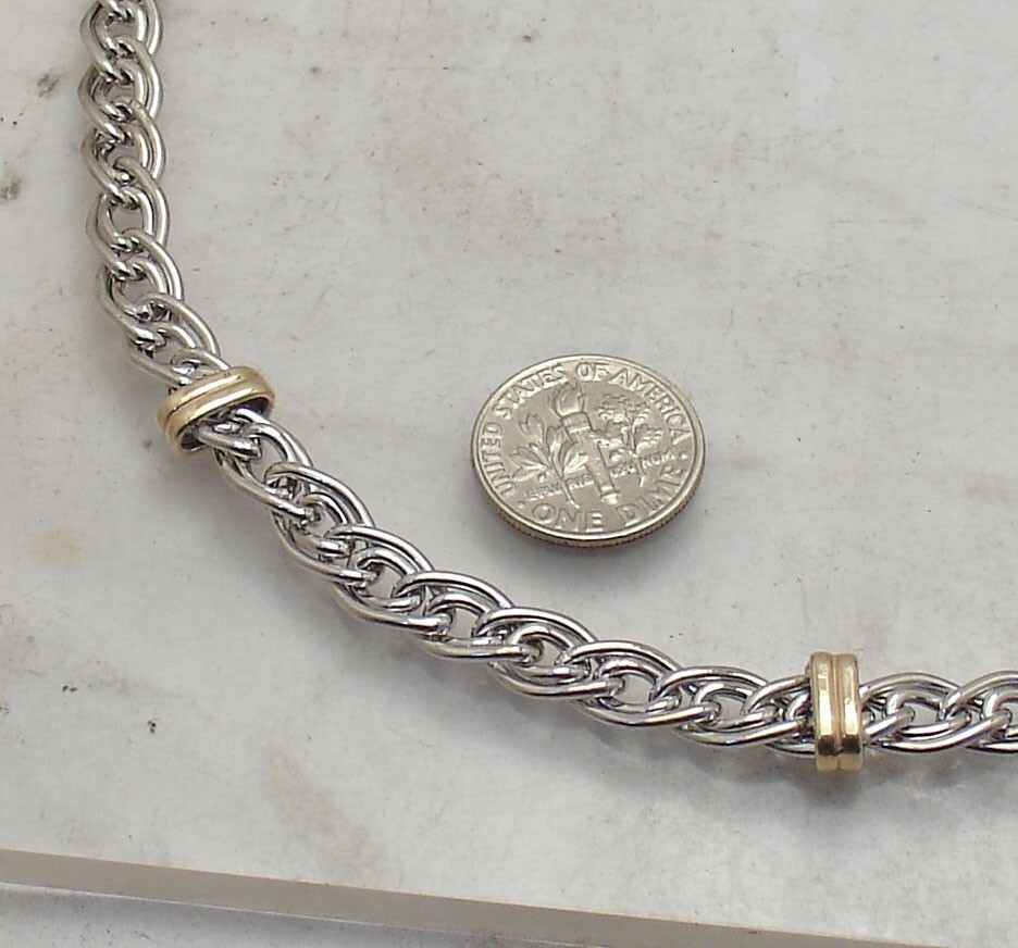 Technibond Bar Station Double Curb Chain Necklace 14K TwoTone Gold Plated Silver