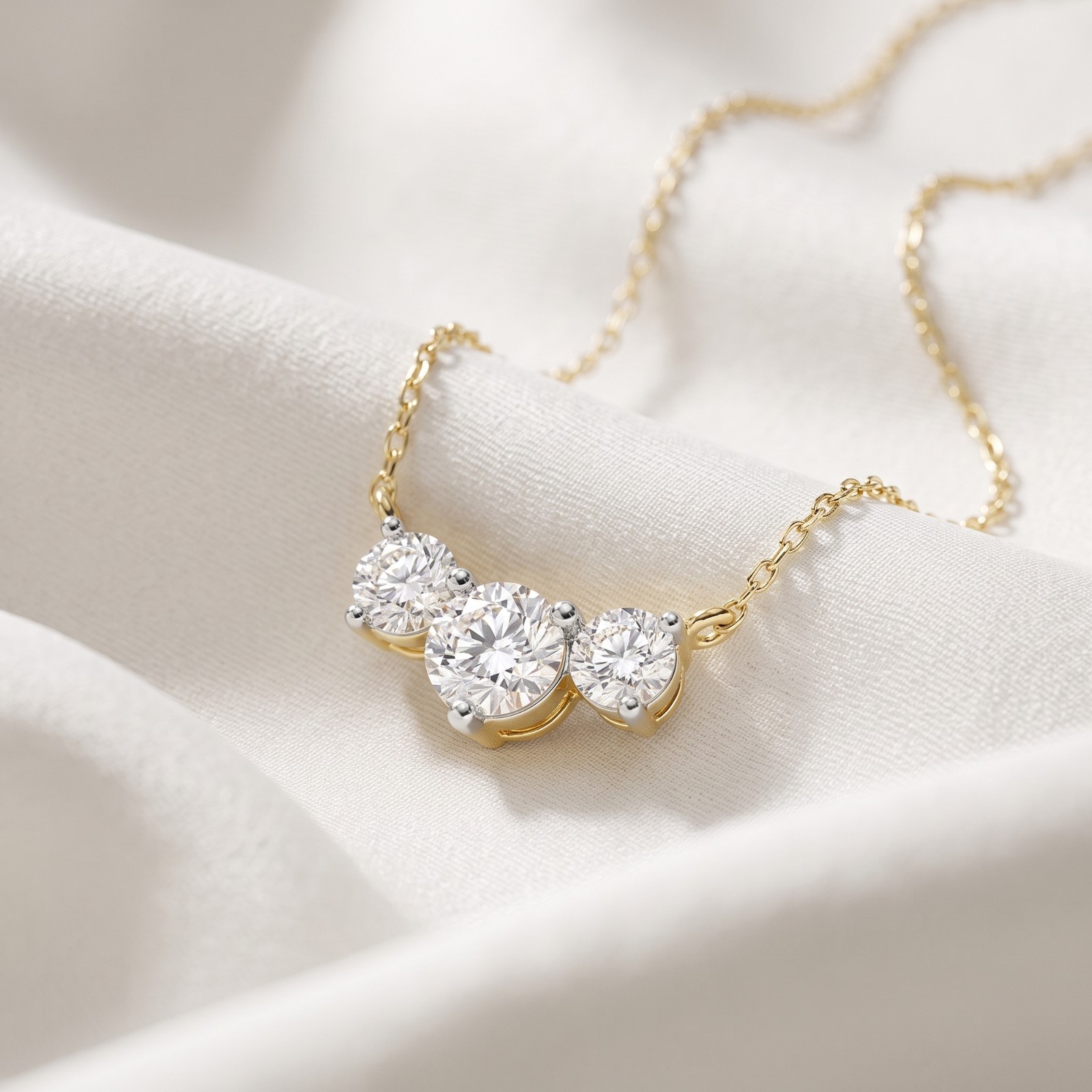 Three Stone Necklace 1.00 CTW Round Lab Grown Diamond Necklace 10K Yellow Gold