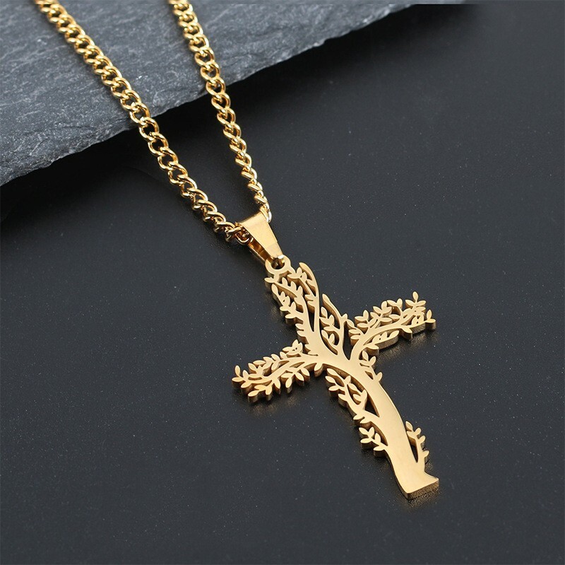 Cross Pendant Necklace for Men Women Stainless Steel Tree of Life Necklace Chain