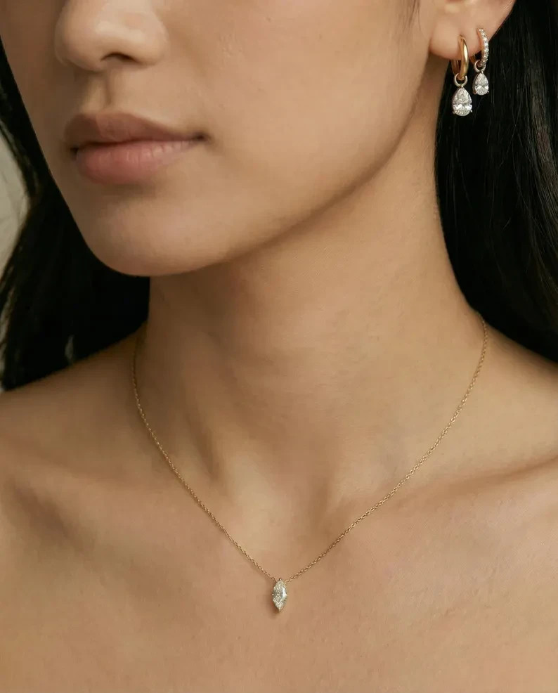 1 Ct Marquise Moissanite Solitaire Necklace 14k Gold Plated Gift for Her 18 Inch