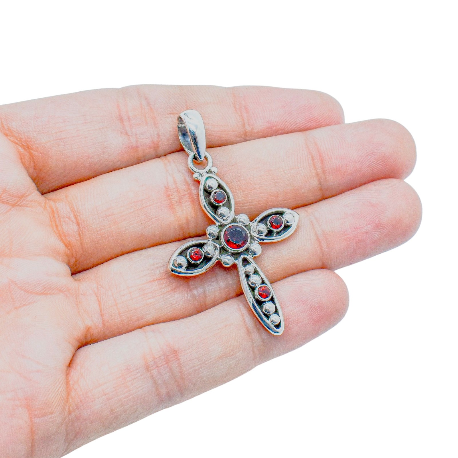 925 Sterling Silver Natural Red Garnet Cross Pendant Womens Jewelry Gift