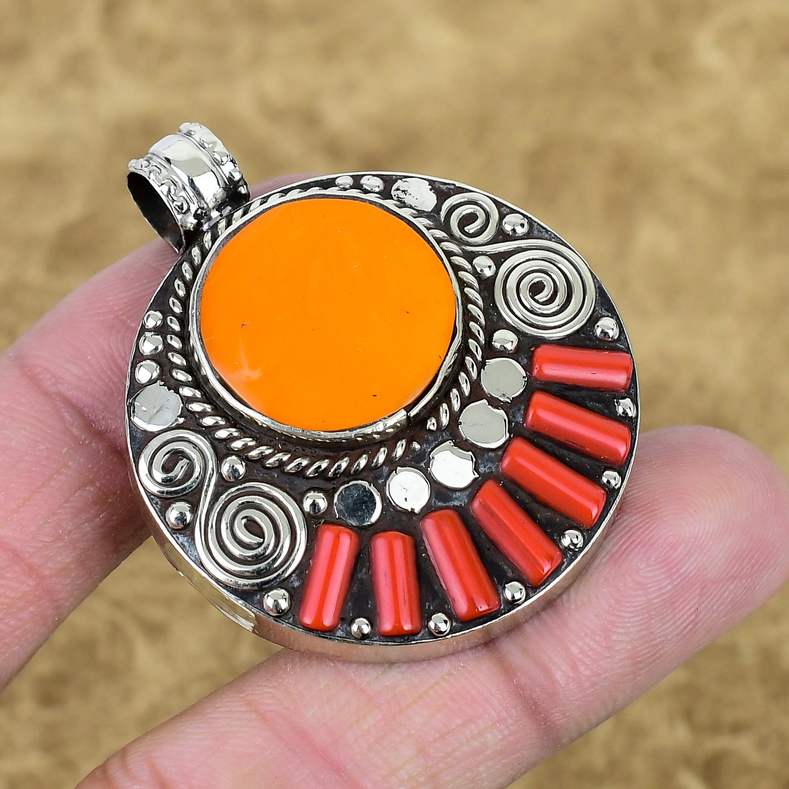 Yellow & Red Coral Pendant 925 Sterling Silver Tibetan Handmade Jewelry SC 2509