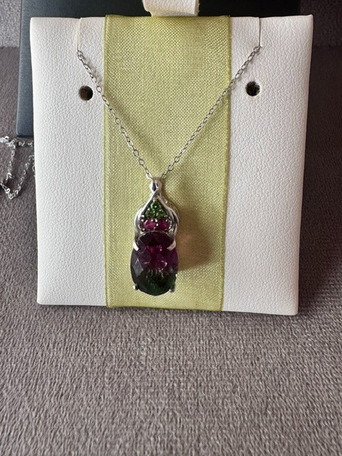 Watermelon Quartz, Russian Diopside, Niassa Ruby Platinum Pendant with Chain