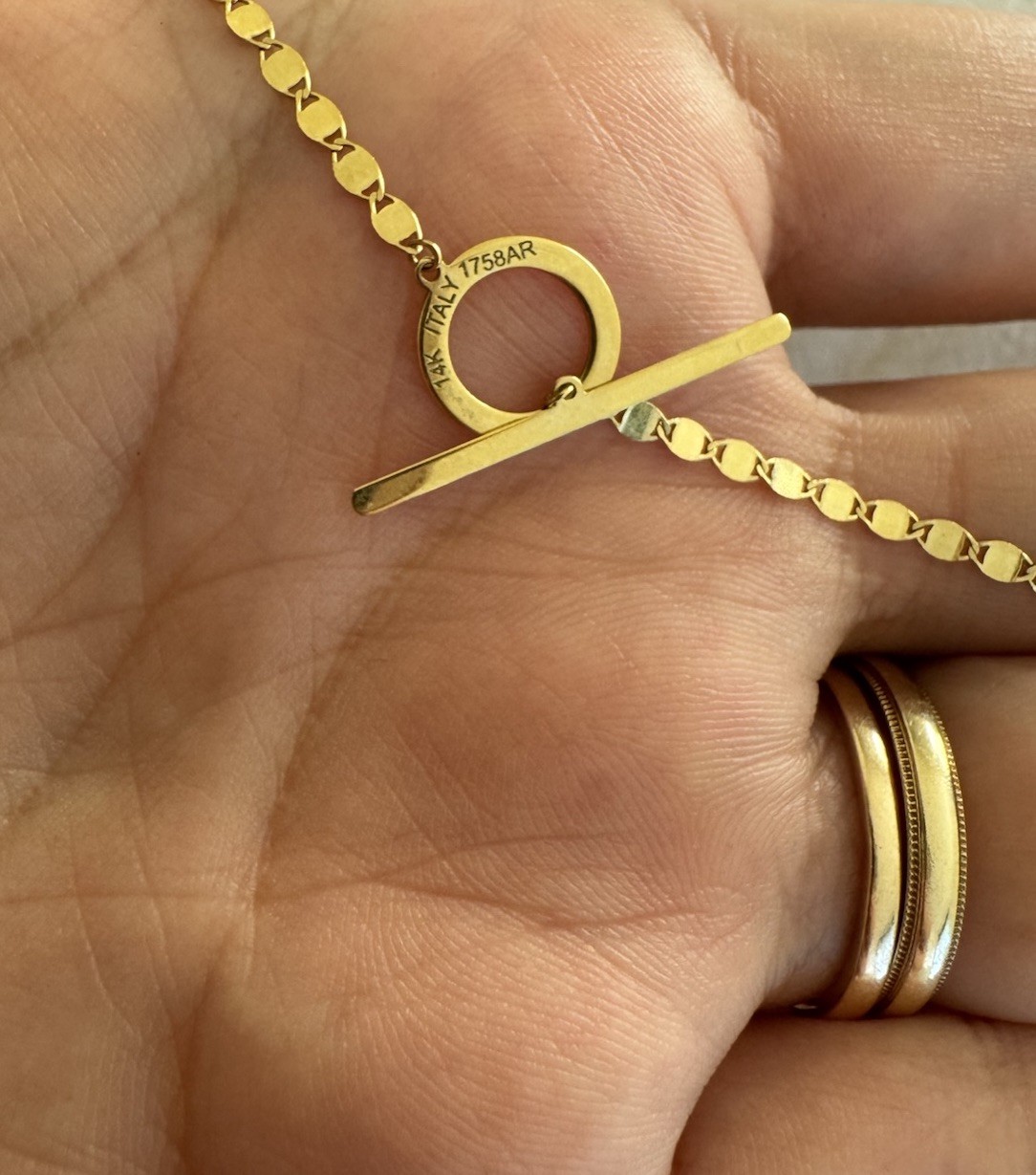 14K Solid Gold Italian Toggle Necklace 18” Disc Link Chain