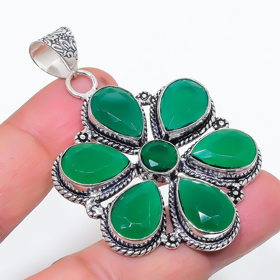 Green Onyx Gemstone Handmade 925 Sterling Silver Jewelry Pendant Size 2.5″