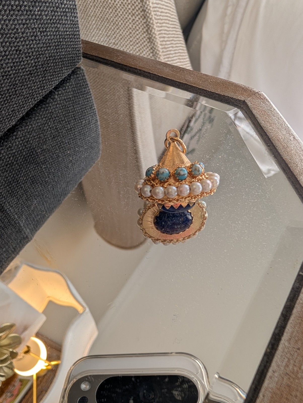 18K Gold ~ETRUSCAN STYLE LAPIS PEARL TURQUOISE~ Fob Charm Pendant
