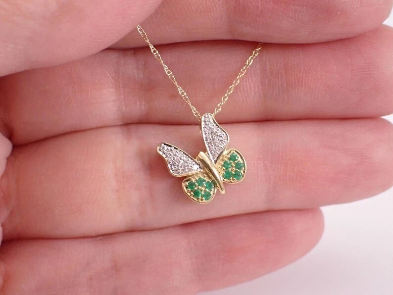 2Ct Round Cut Lab Created Emerald Butterfly Pendant 14K Yellow Gold Plated
