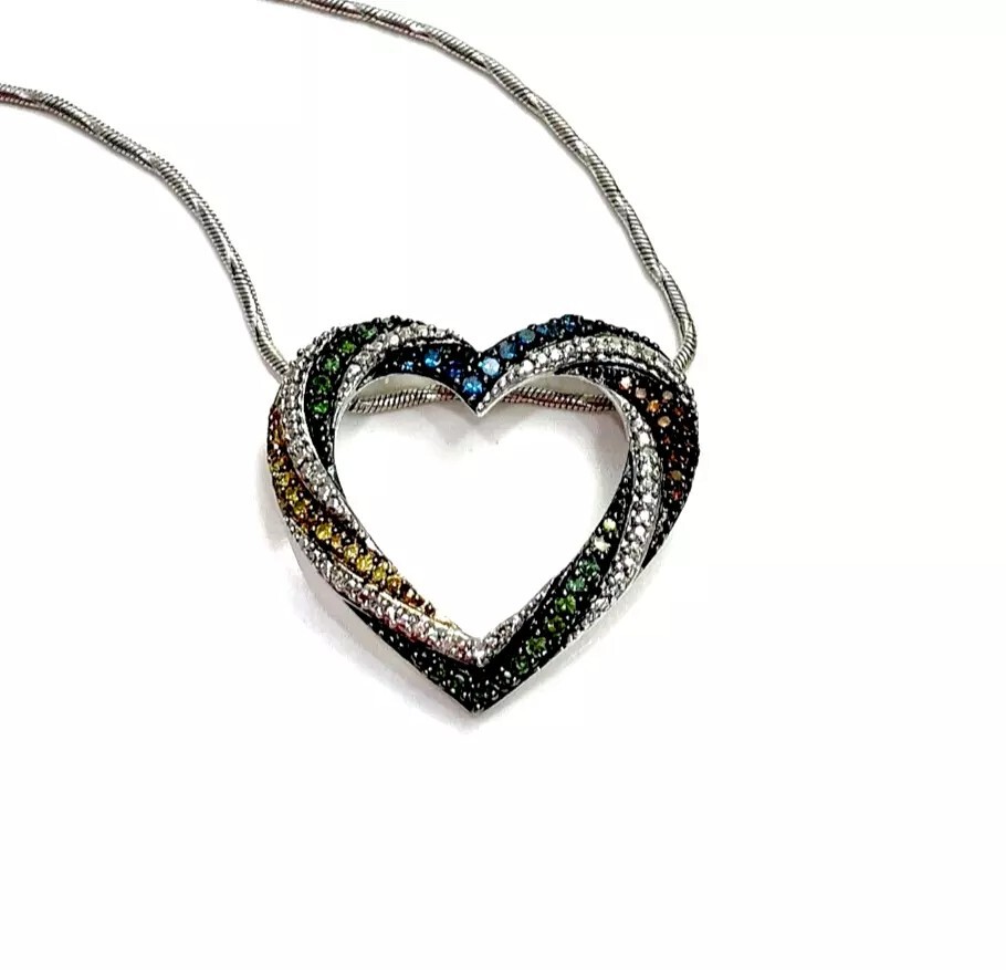 14KTW/SS Green, Blue, Cognac, Yellow & White Diamond Pendant .75 Carats NWOT