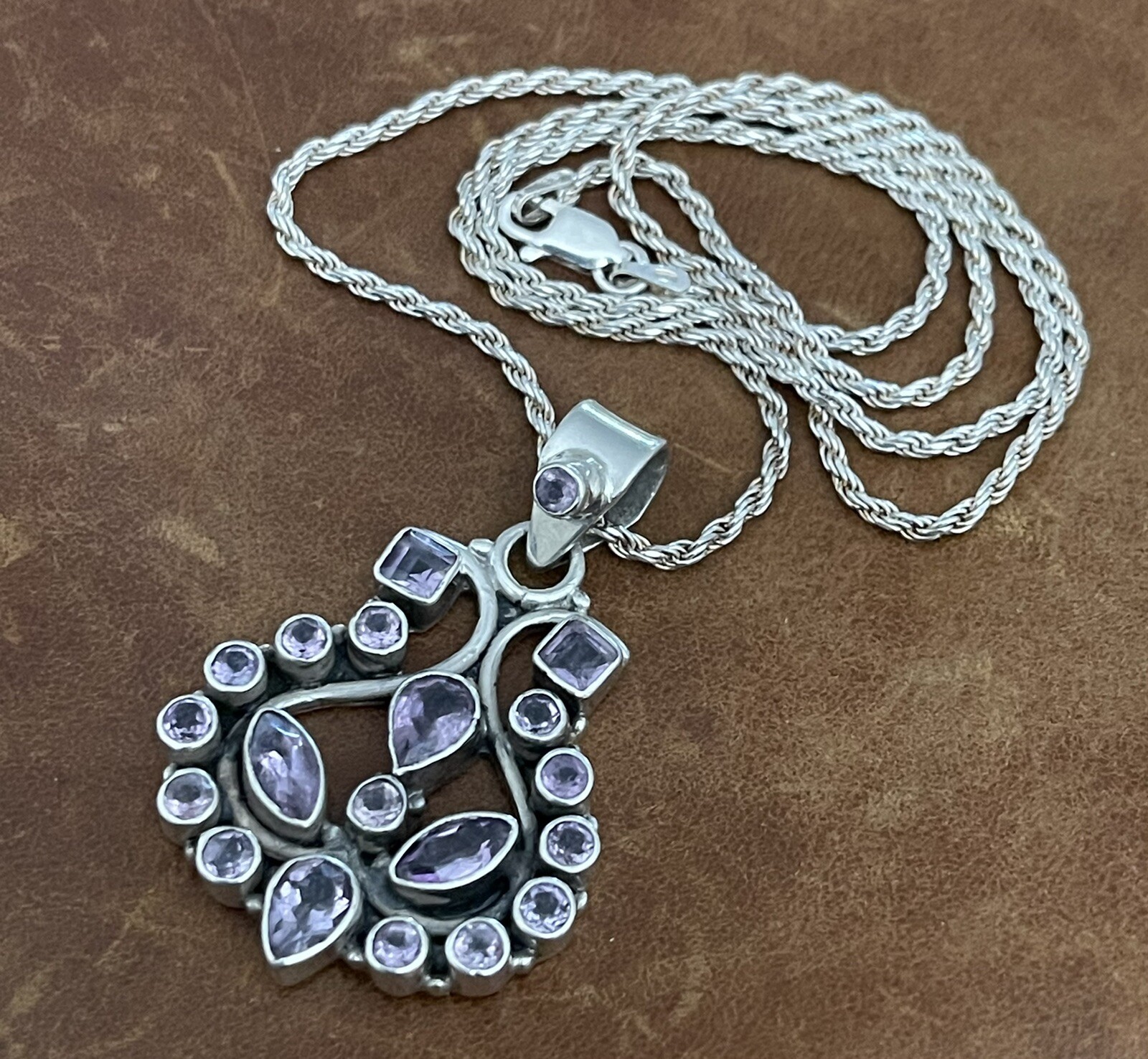 Vintage Amethyst Cluster Pendant Twisted Rope Chain Sterling 925 Necklace 20” in