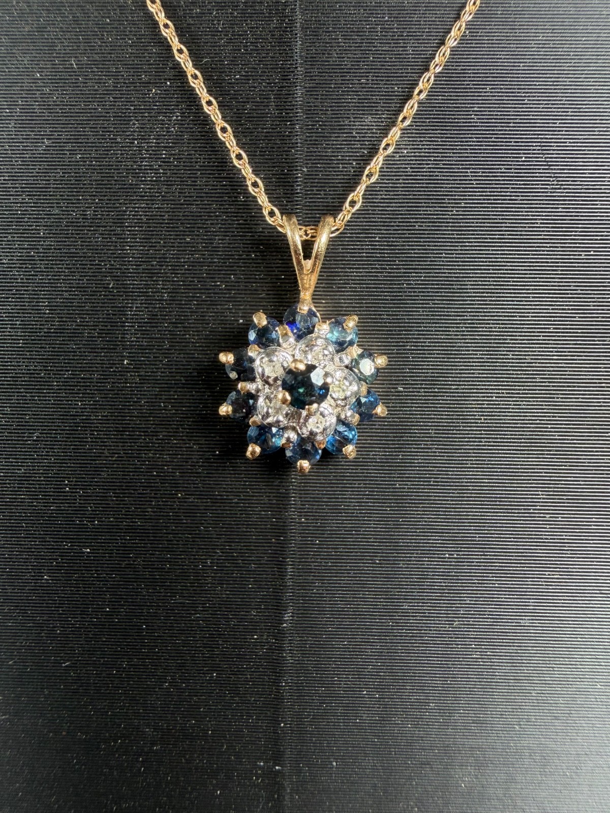 Vintage 14K Gold Sapphire & Diamond Floral Cluster Pendant Necklace – 18 inches
