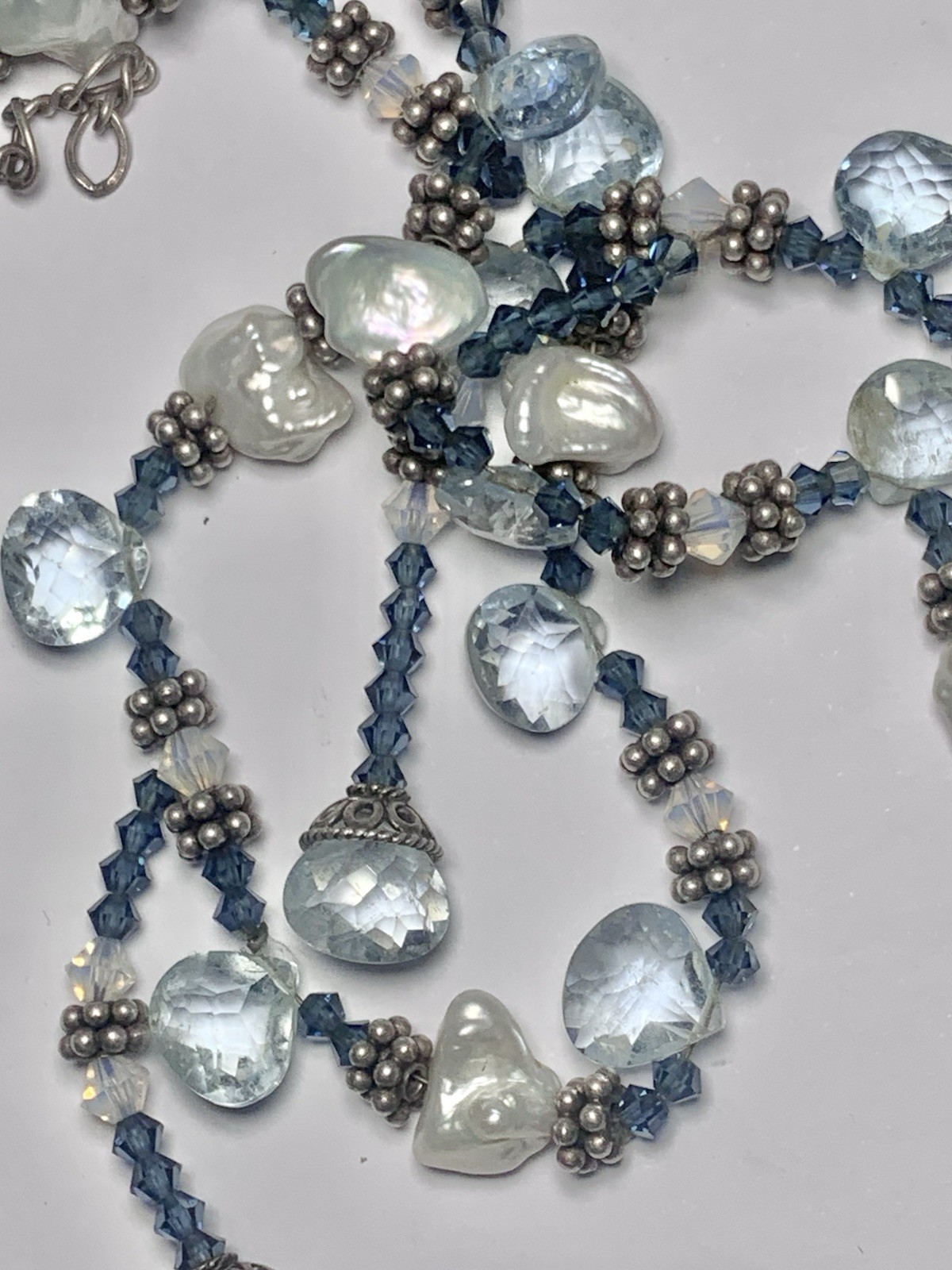 925 Sterling Silver Baroque Pearl Briolette Gemstone Fringe Beaded Necklace 32in