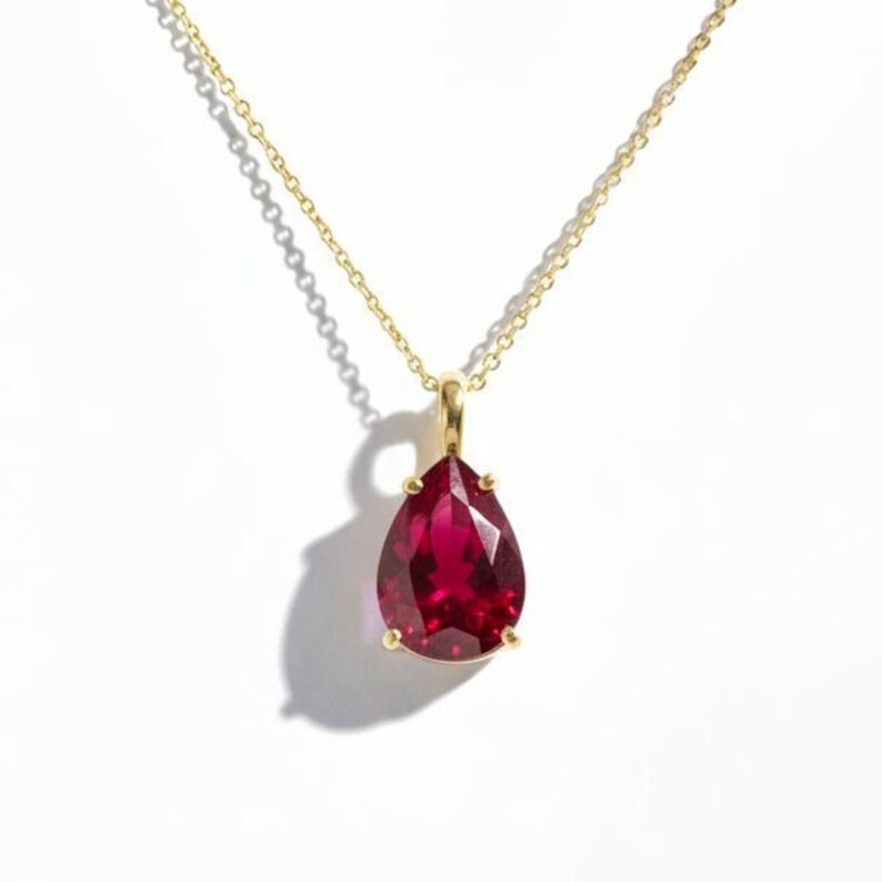 3Ct Created Red Ruby Pear Shape Pendant 14K Yellow Gold Plated W/F Chain 18”