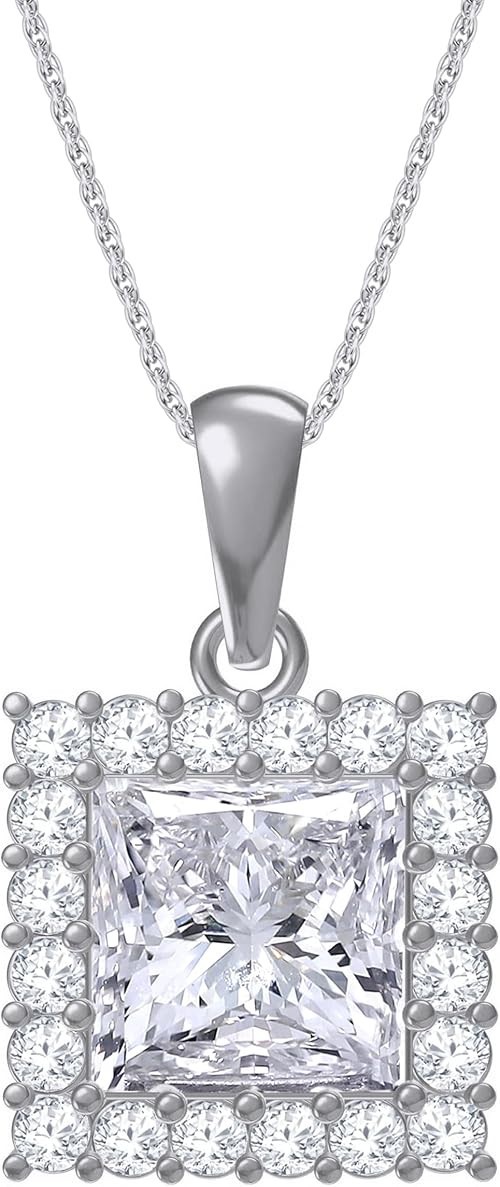 1 – 4 Ct Halo Pendant Necklace Princess & Round Moissanite 925 Sterling Silver