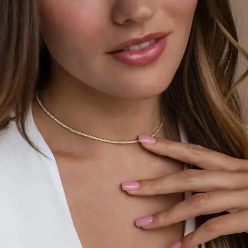 2mm VVS1 Moissanite Tennis Necklace Choker Women Gift 925 Silver 18K Gold Plated