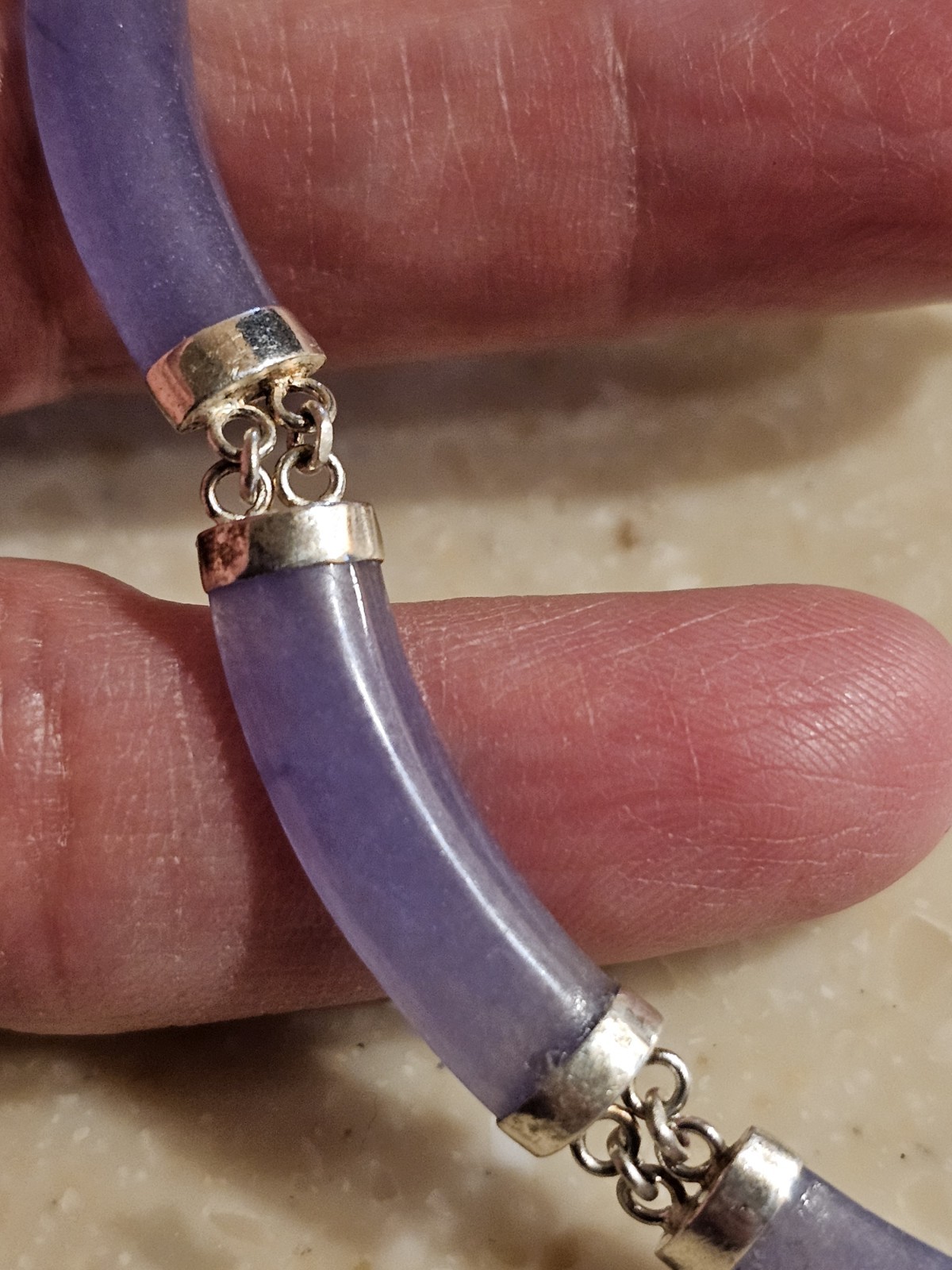 Vtg Lavender Jade Necklace, 925 Sterling, Chinese Shou Longevity Clasp, Choker.