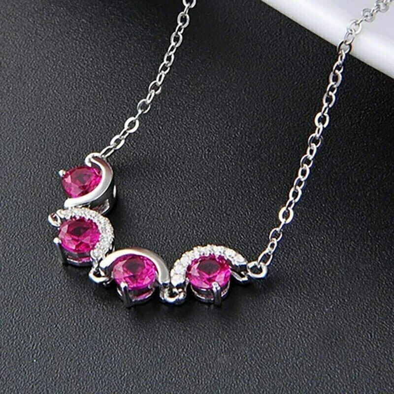 3.00Ct Round Cut Pink Ruby Journey Pendant 14K White Gold Finish Free Chain