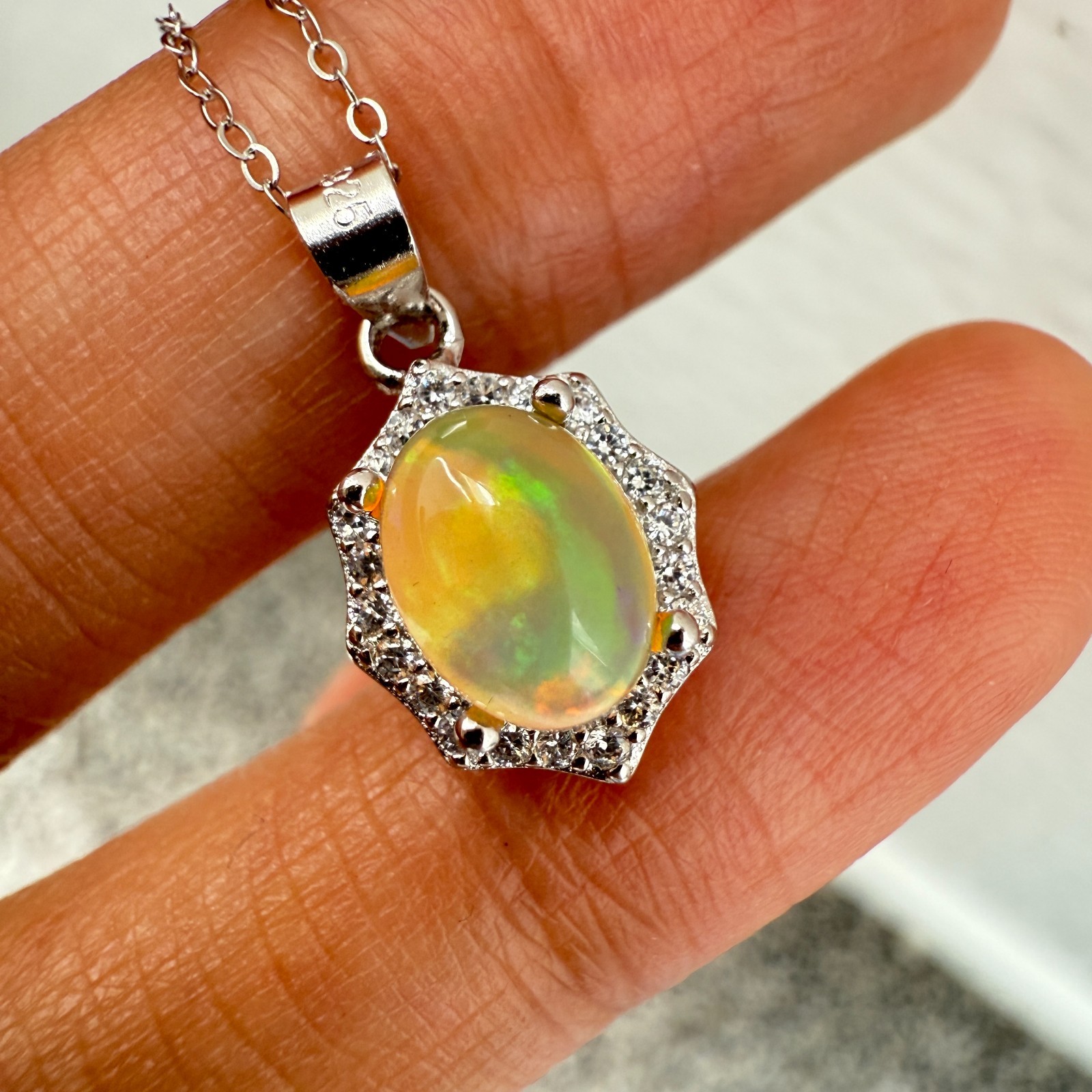 925 Sterling Silver Necklace 8x6mm Natural Opal Gemstone Zircon Flower Chain NEW