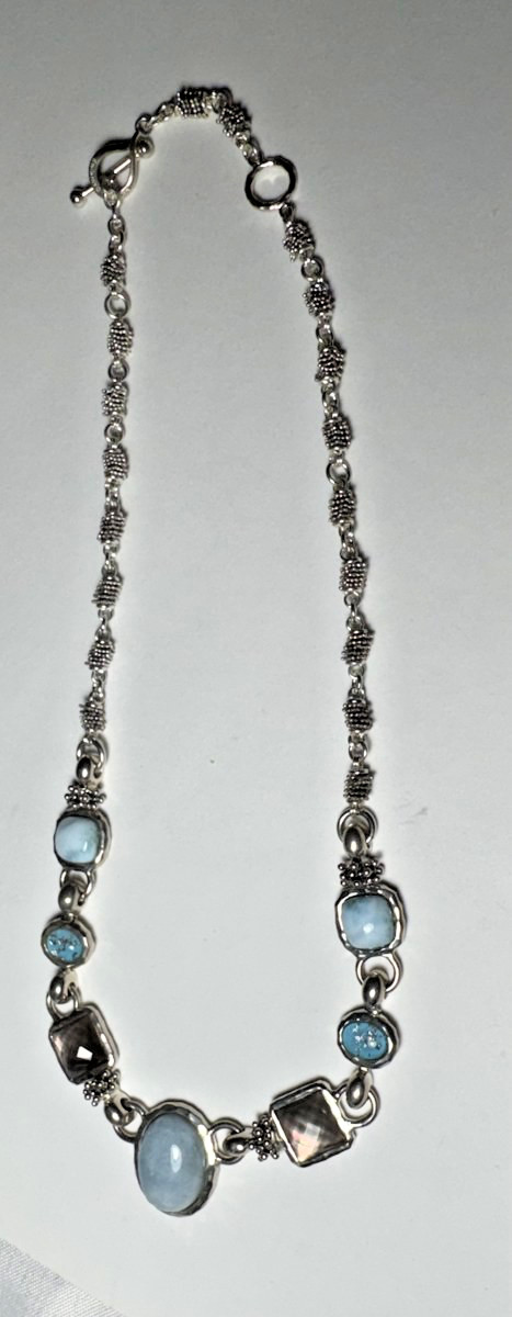 Michael Dawkins sterling silver aquamarine smoky quartz statement necklace 20″