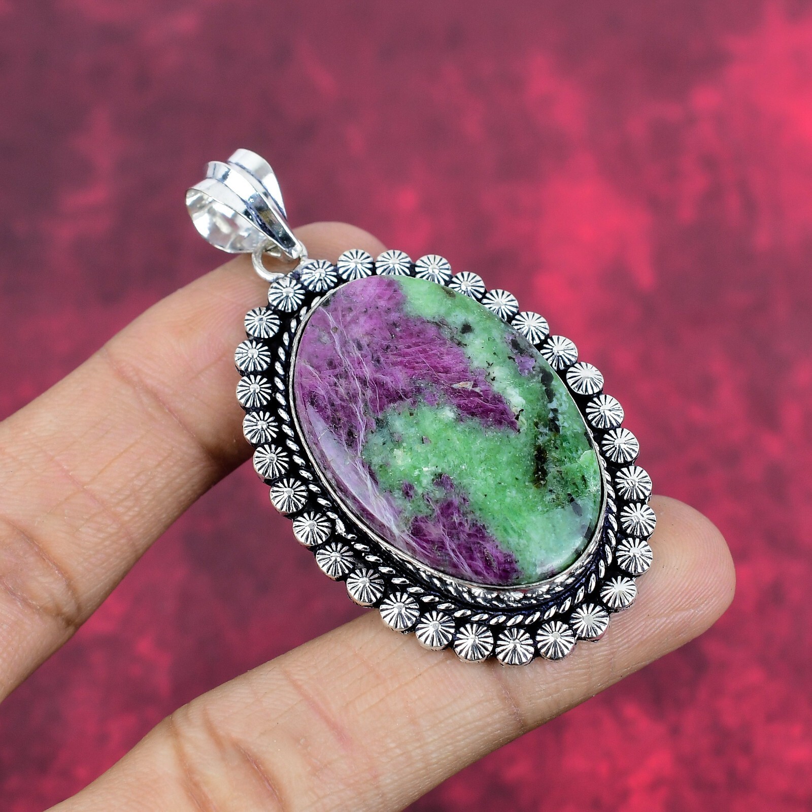 Ruby Zoisite Gemstone Handmade 925 Sterling Silver Pendant Jewelry