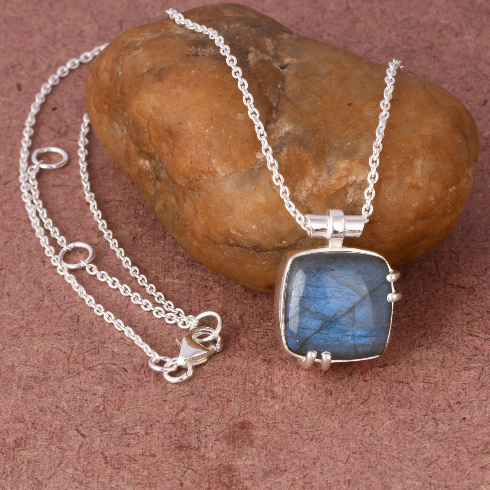Sterling Silver Square Labradorite Necklace Birthday Gift For Her Boho Jewelry