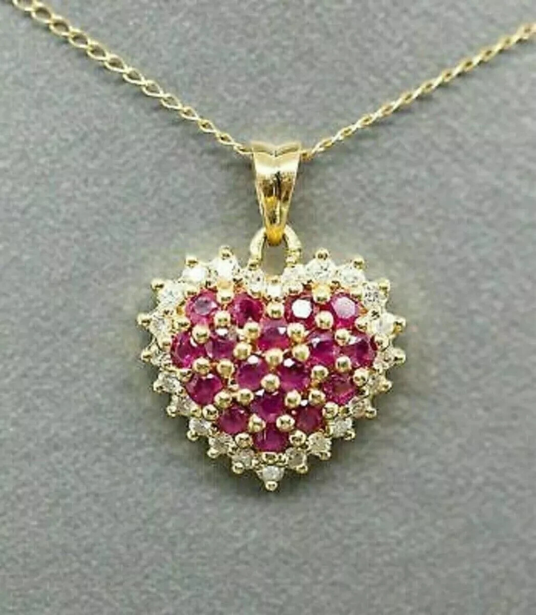 3Ct Round Cut Red Ruby Heart Shape Pendant 14K Yellow Gold Finish Free Chain