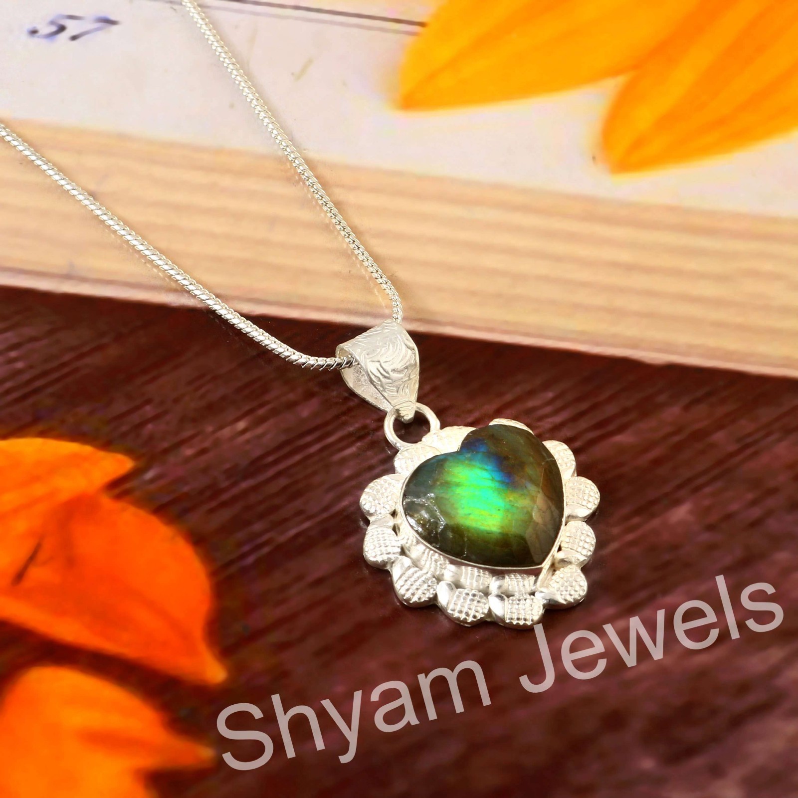 Sterling Silver Genuine Heart Blue Fire Labradorite Gemstone Pendant With Chain