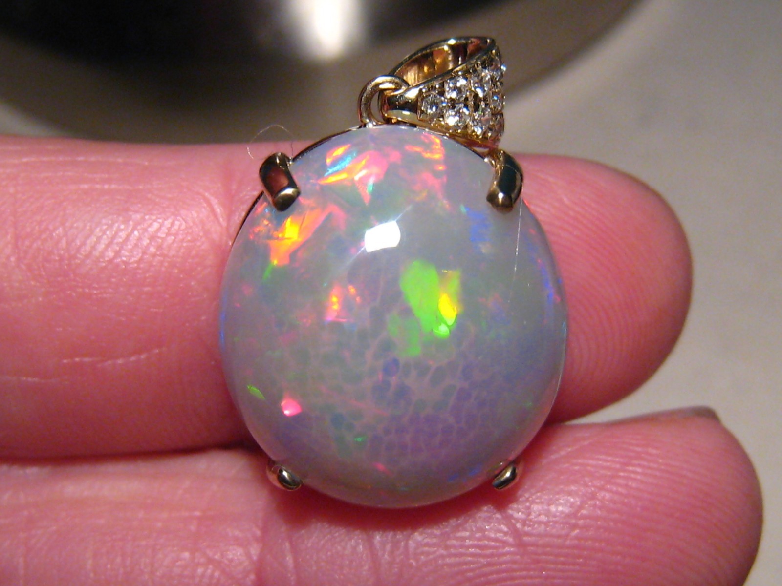 Large 16 ct. Ethiopian Opal and Diamond Pendant , 14 k Gold , Red Harlequin