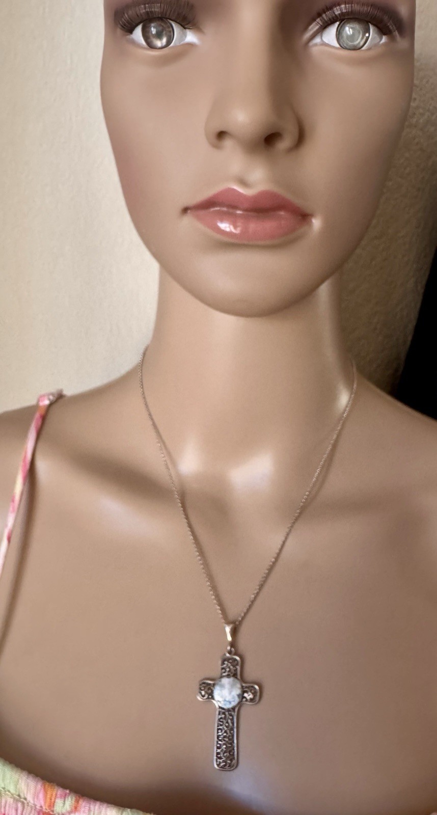 Sterling Silver 925 PZ Isreal Cross Pendant Chain Necklace 18” 925 Multi Color