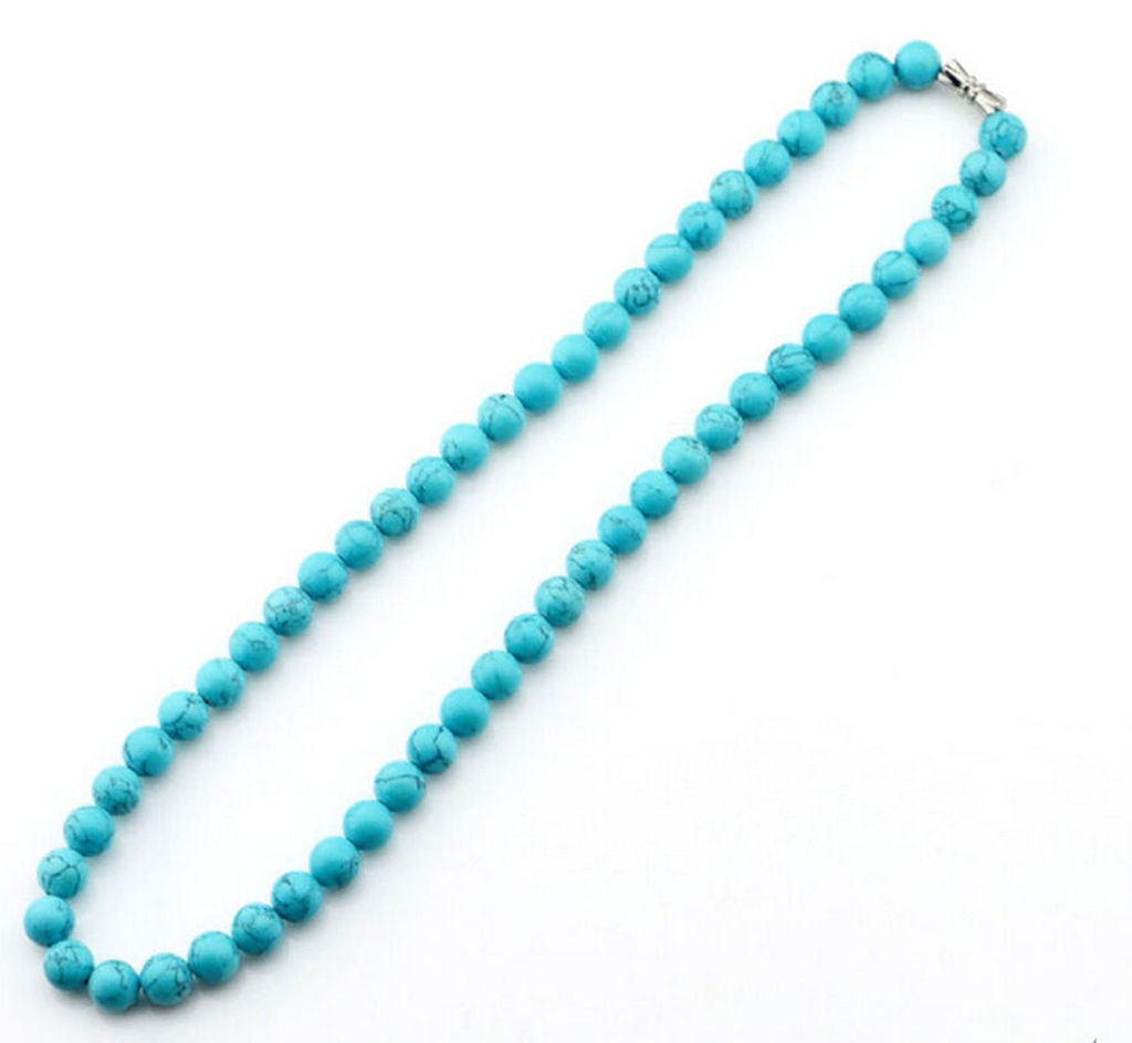Natural 8mm Blue Turquoise Round Gemstone Beads Necklace 16-28in”