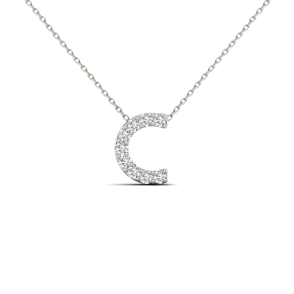 0.09 Ct Natural Diamond Initial “C” Pendant Necklace In 14K Yellow & White Gold
