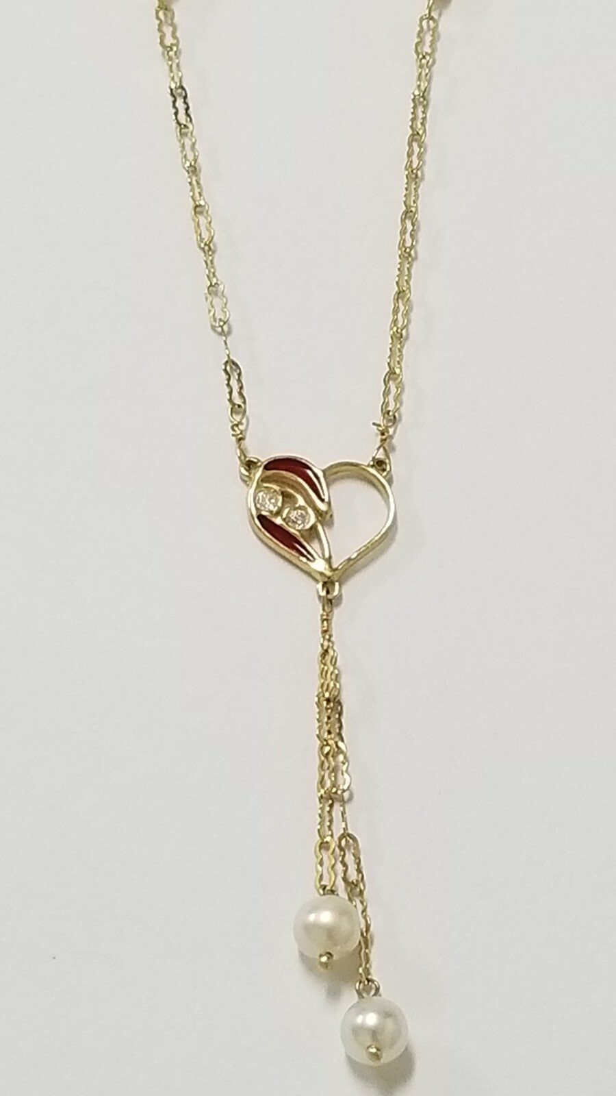 Heart Lariat Necklace With Pearls, 14k Yellow Gold Red Enamel, CZ’S, 16″ Long