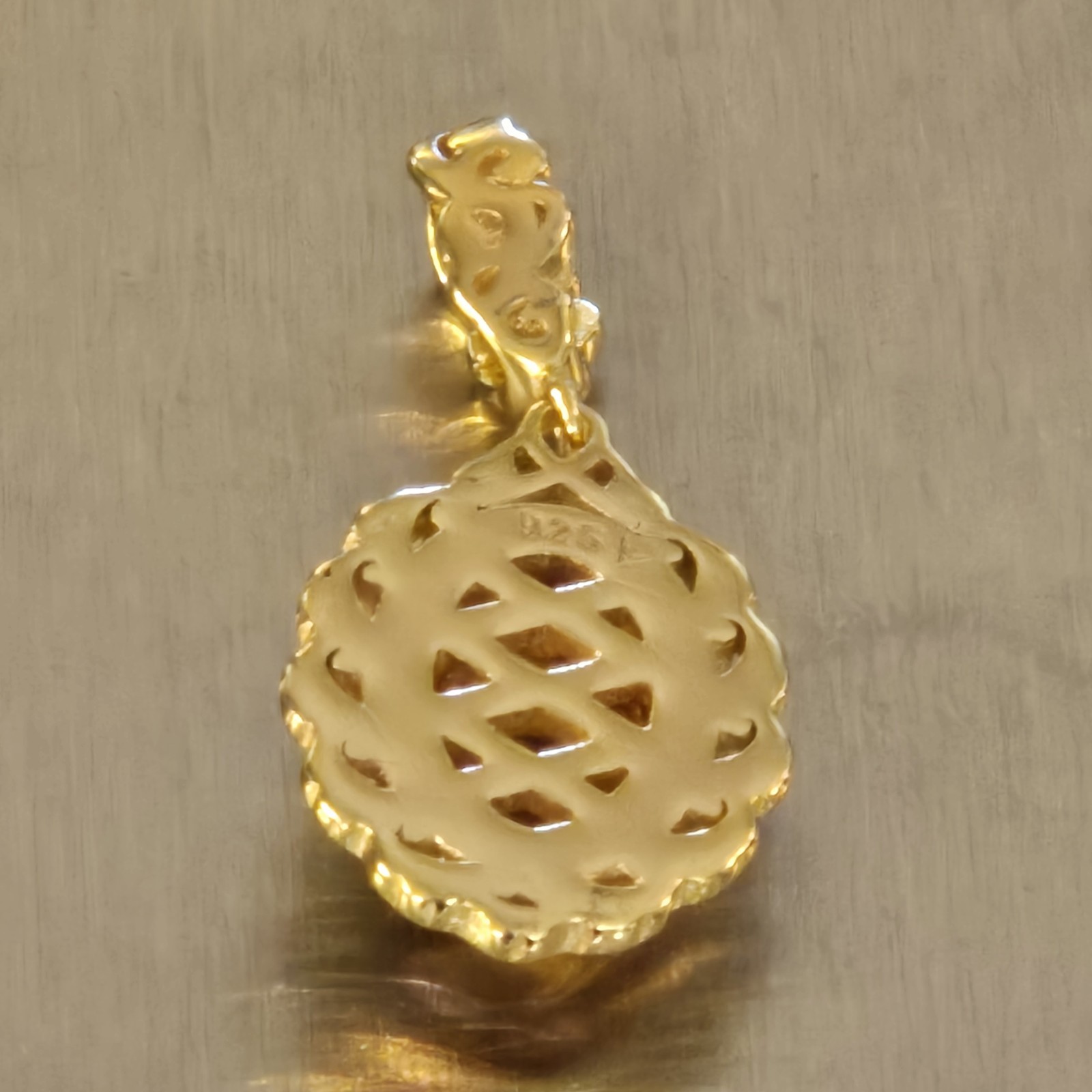 Baltic Amber Stone Pendant Open Scrollwork Vermeil ( Stamp 925) Signed 3.4 Grams