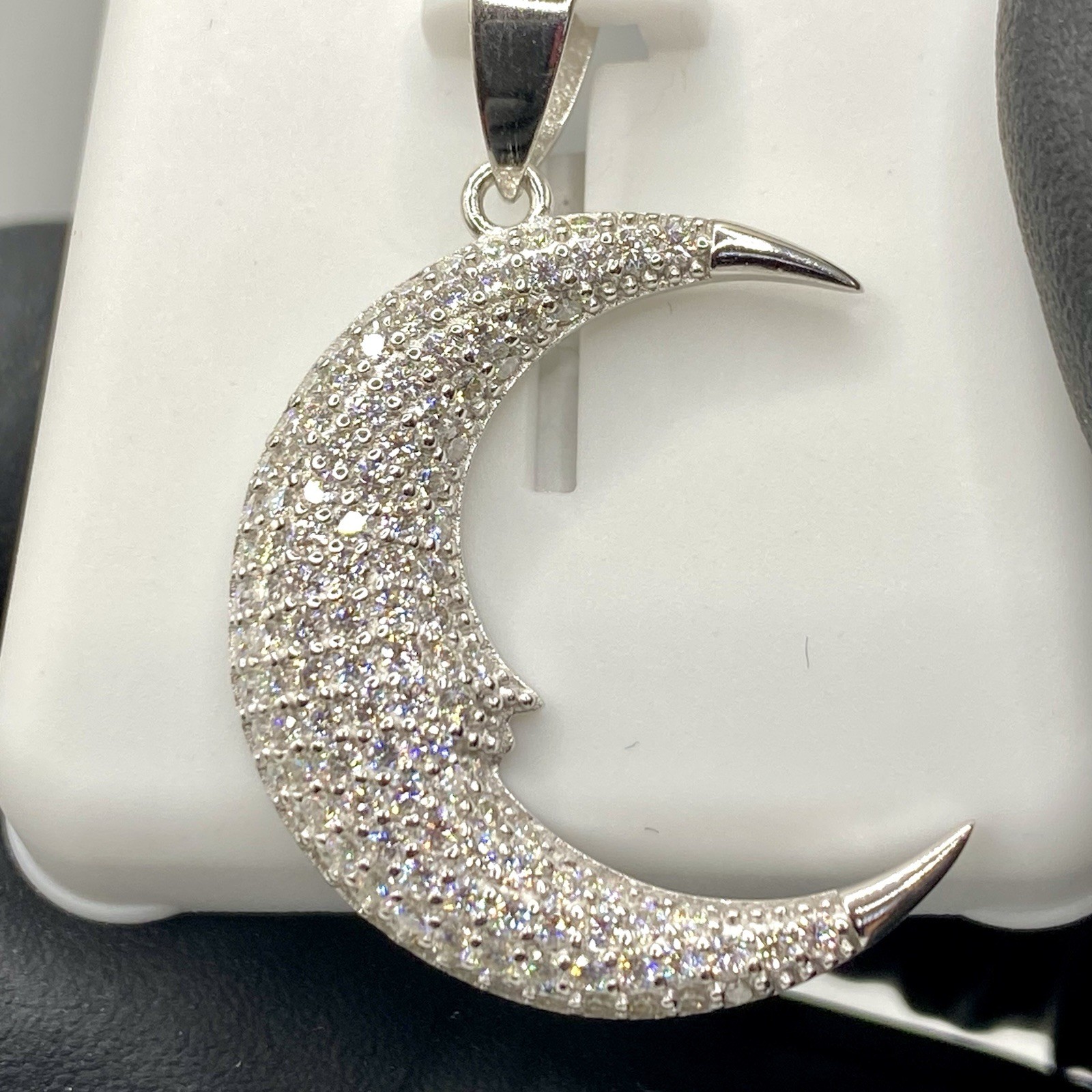 1.00 CTW Moissanite Crescent Moon Pendant 925 Sterling Silver – Pave Set, 1.31”