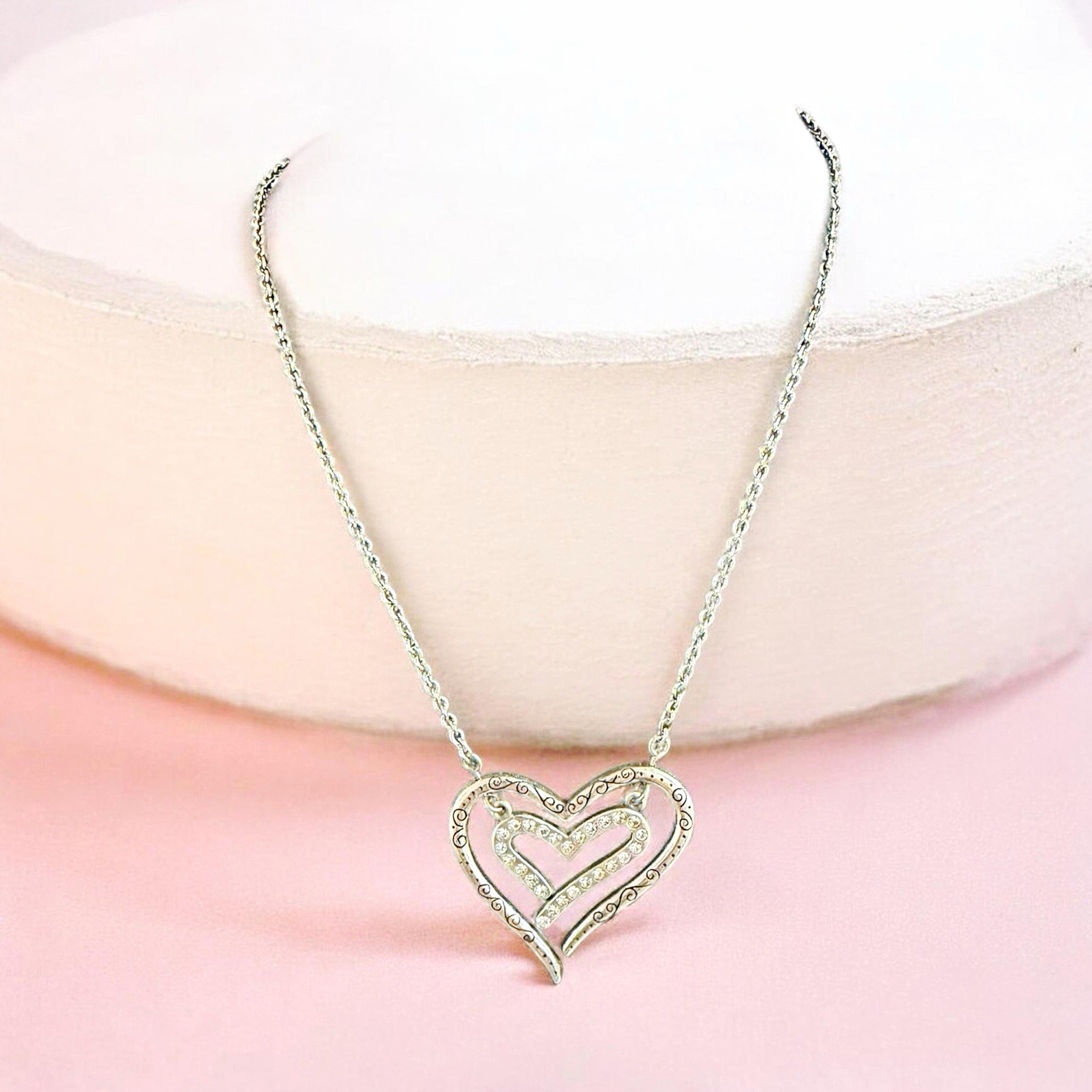 Brighton Retired Love Struck Reversible 3D Swing Double Heart Crystal Necklace