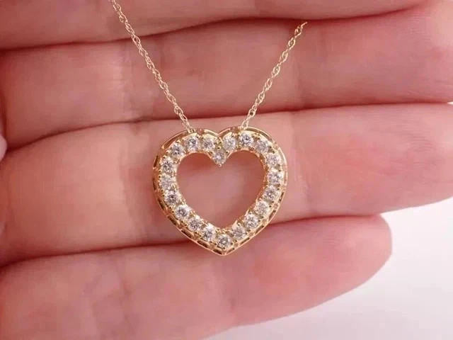 14K Yellow Gold Plated 1.00Ct Round Cut Real Moissanite Open Heart Pendant